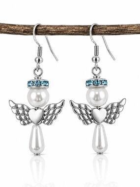 Angel Faux Pearl Earrings, Sterling Silver Hooks, Whimsical Romantic Dangles